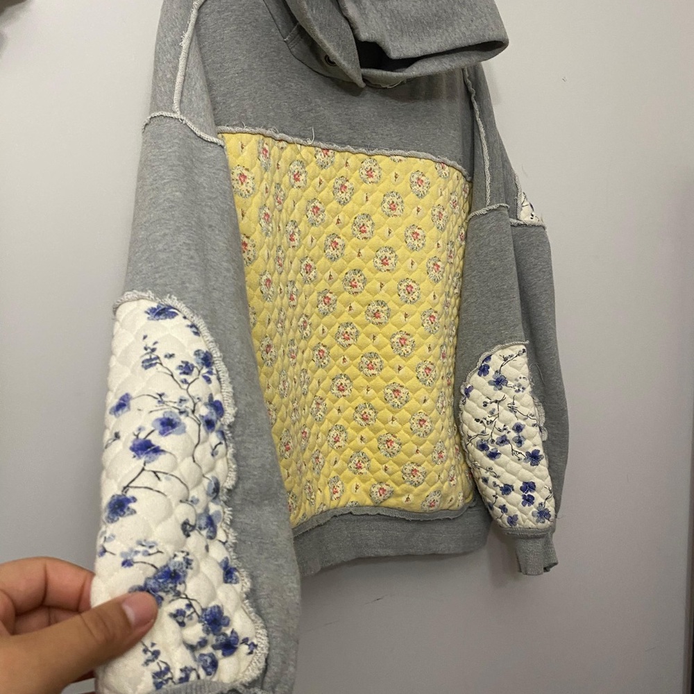 We The Free Gray Hoodie Sweater with Yellow Quilted Front - Picture 2 of 4